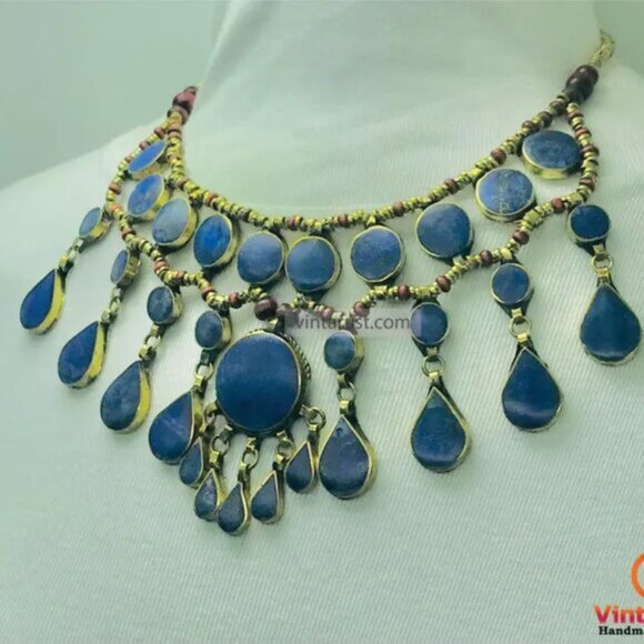 Lapis Lazuli Afghan Bib Necklace: Ethnic Teardrop Jewelry - Picture 3 of 9
